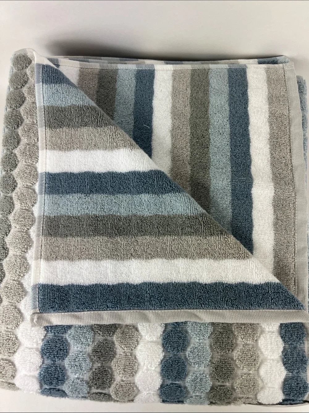 Soho Living Bath Towels in Blue, Gray, White Striped Zero Twist Cotton 2 Pc NEW